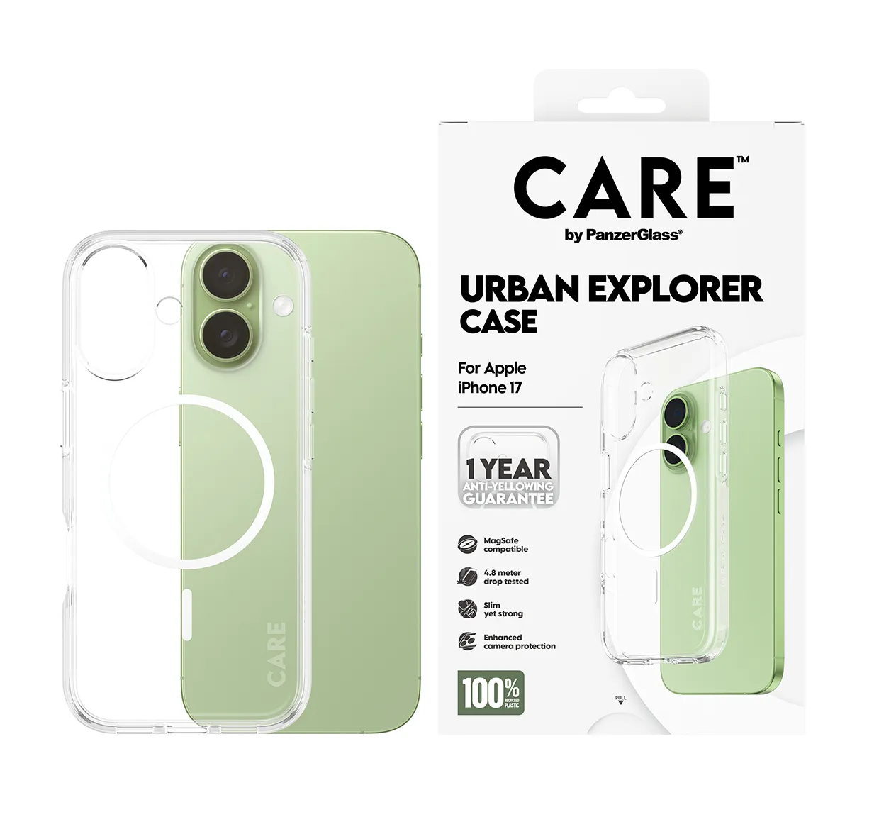 PanzerGlass CARE by Urban Explorer MagSafe, iPhone 17 -suojakuori, l&auml;pin&auml;kyv&auml; / valkoinen