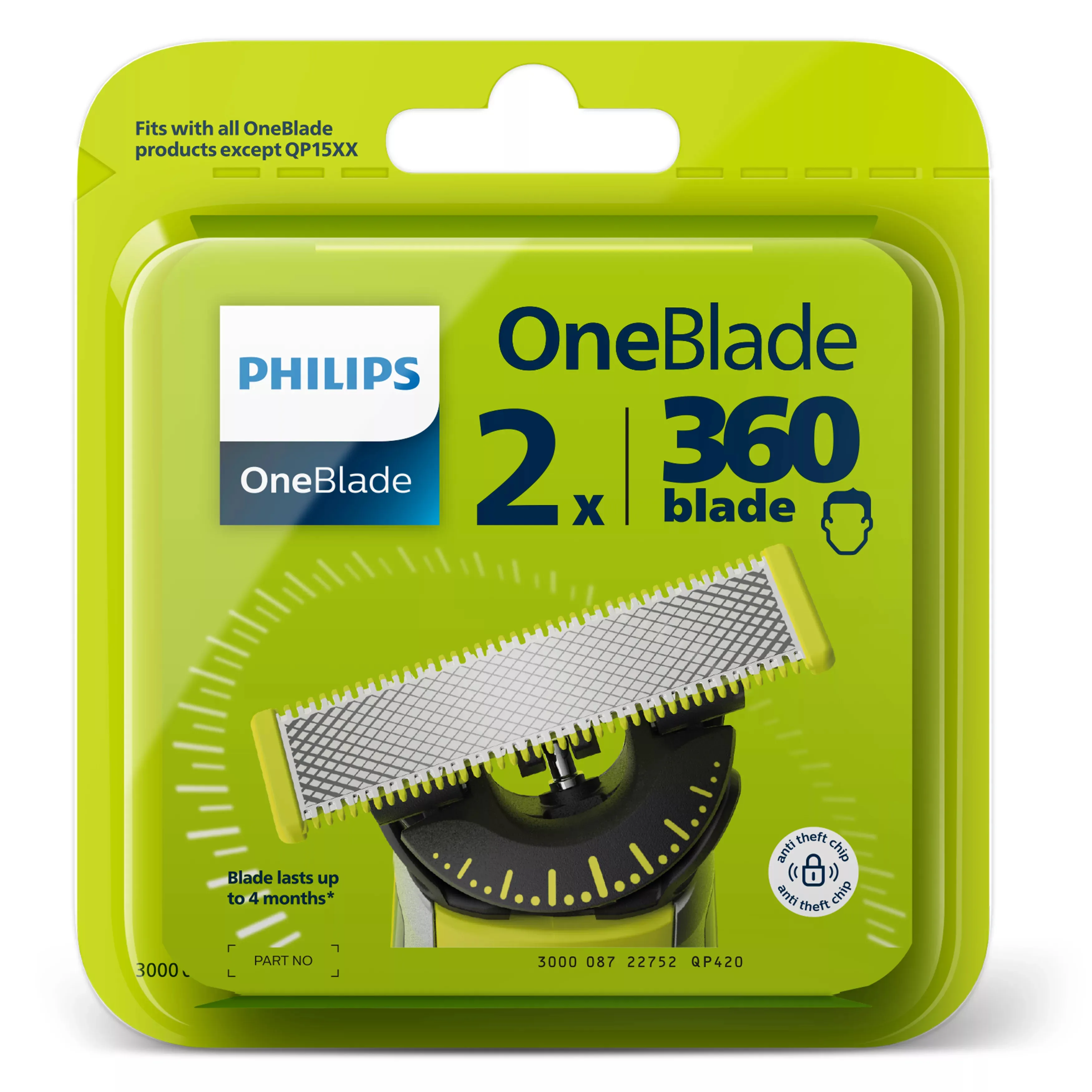 Philips OneBlade 360 QP420/50 (2-Pack) -vaihtoter&auml;t, hopea, keltainen