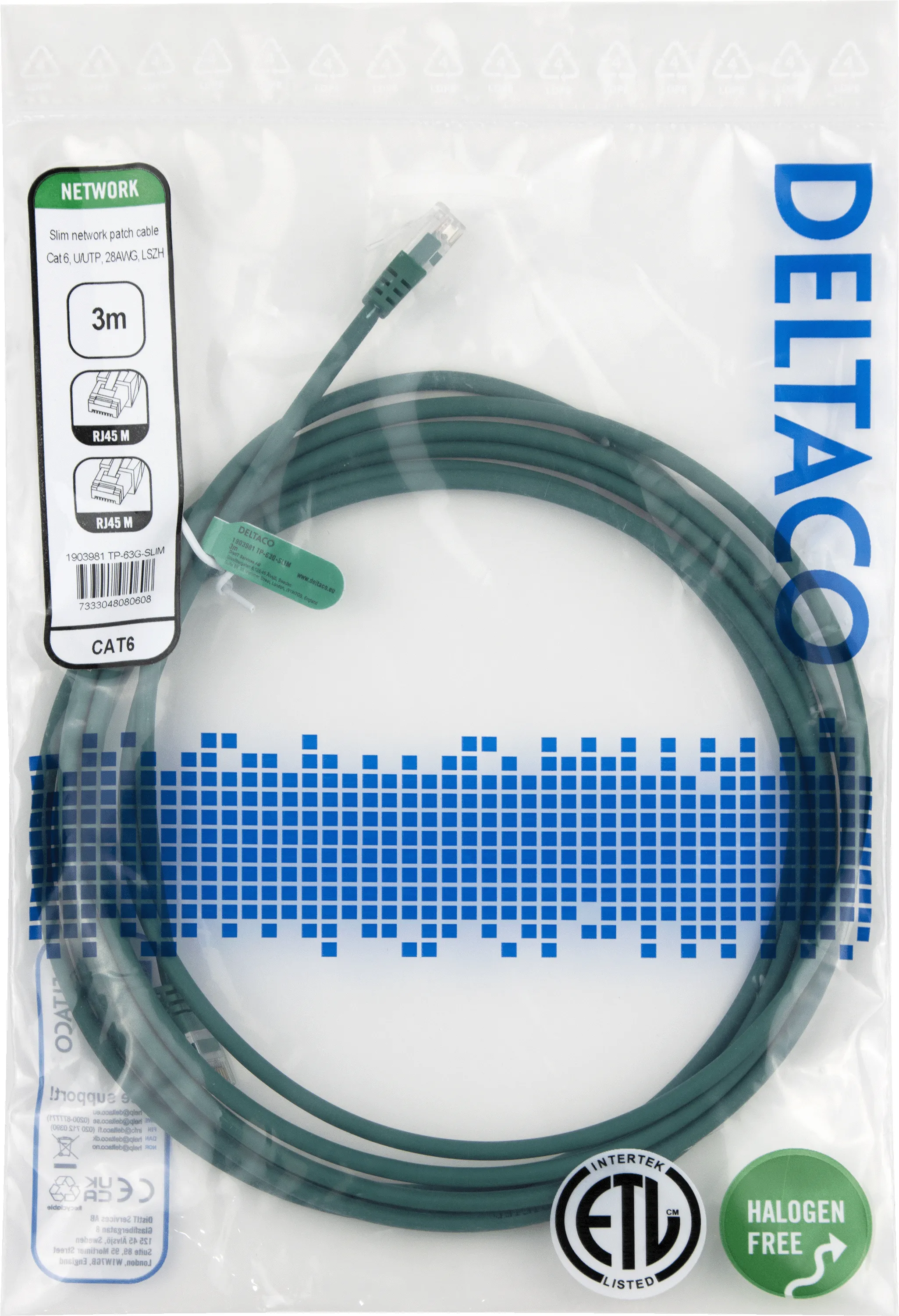 Deltaco Cat6 UTP RJ45 3m -verkkokaapeli, vihre&auml;