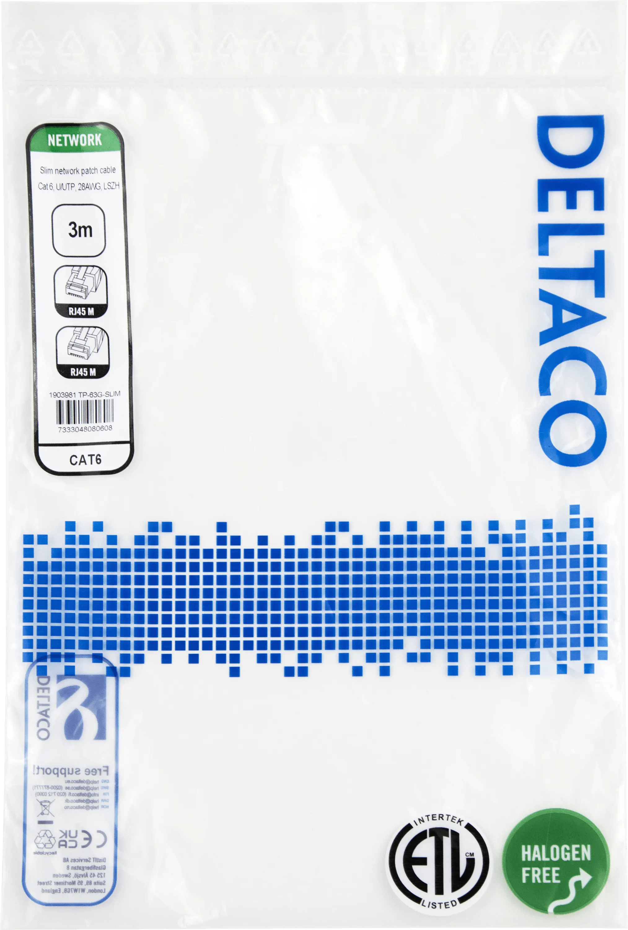 Deltaco Cat6 UTP RJ45 3m -verkkokaapeli, vihre&auml;