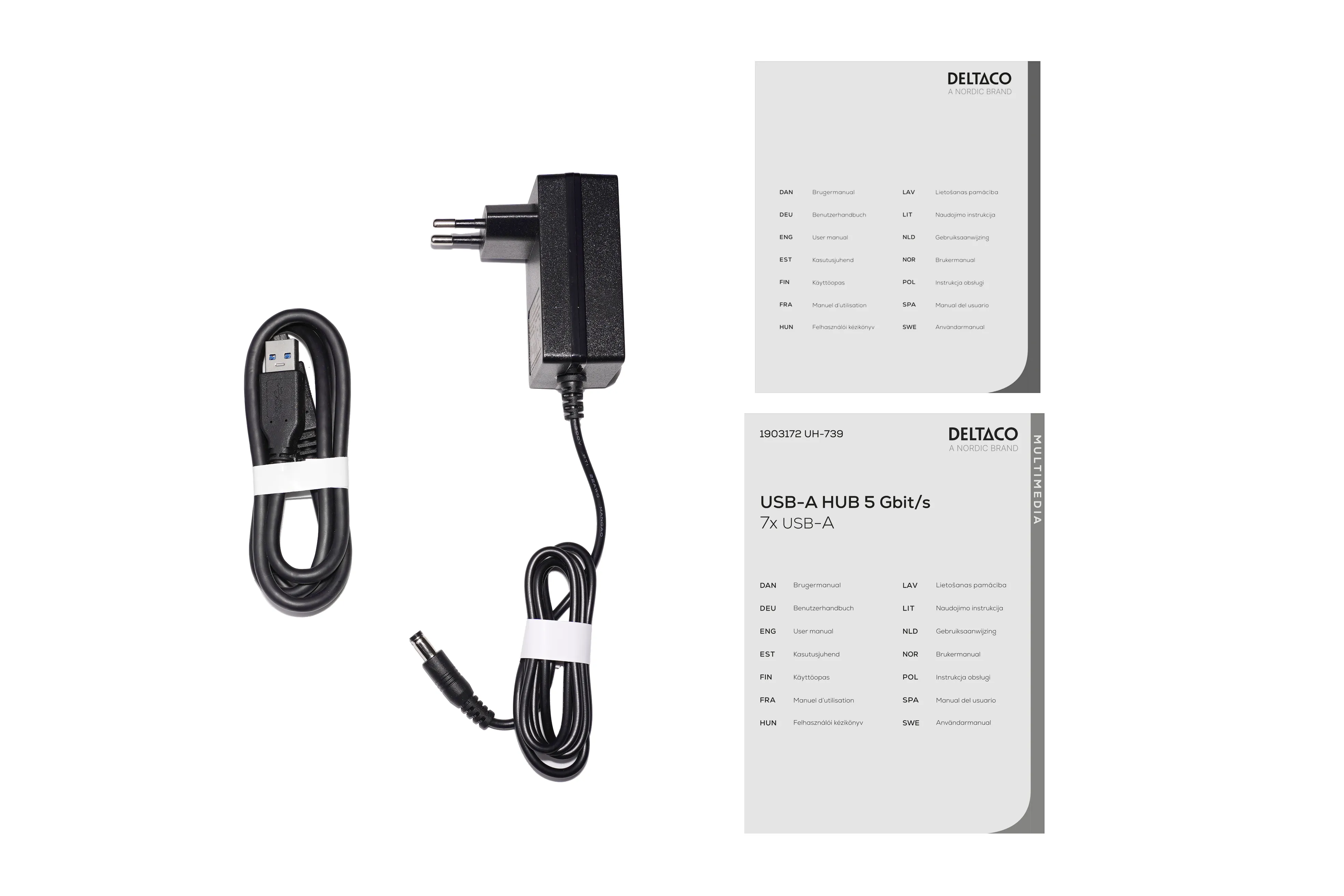 Deltaco USB-A hub, 7x USB-A power switches - hub, power supply included