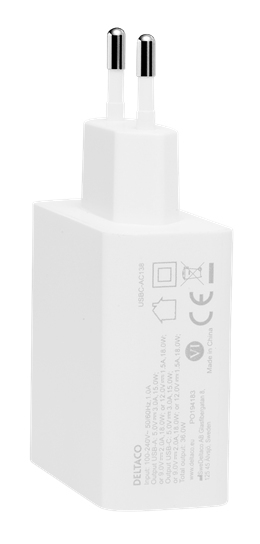 DELTACO USB wall charger, 1x USB-C PD 18 W, 1x USB-A 18 W, 36 W, white