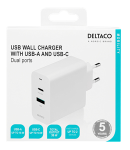 DELTACO USB wall charger, 1x USB-C PD 18 W, 1x USB-A 18 W, 36 W, white