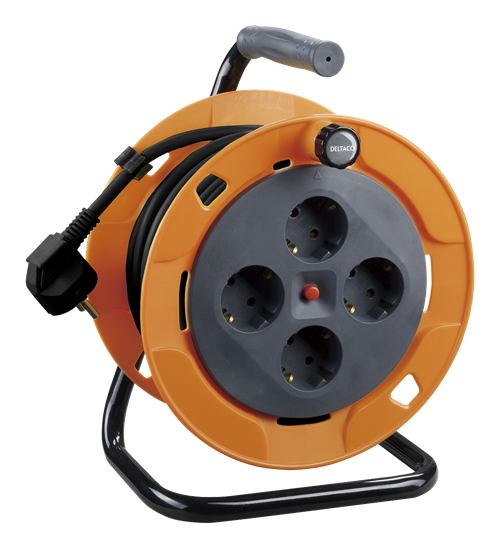 DELTACO IP20 Kabelvinda, 15m, 3000W, 4xCEE 7/4, CEE 7/7, svart/orange