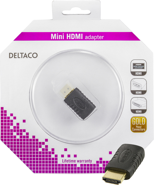 DELTACO HDMI-adapter, mini HDMI ho till HDMI ha, 19-pin, guldpl&auml;terad