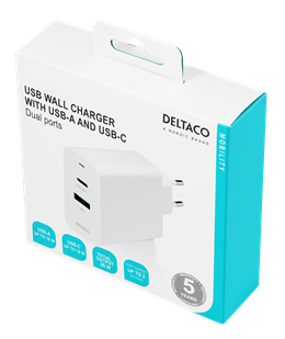 DELTACO USB wall charger, 1x USB-C PD 18 W, 1x USB-A 18 W, 36 W, white