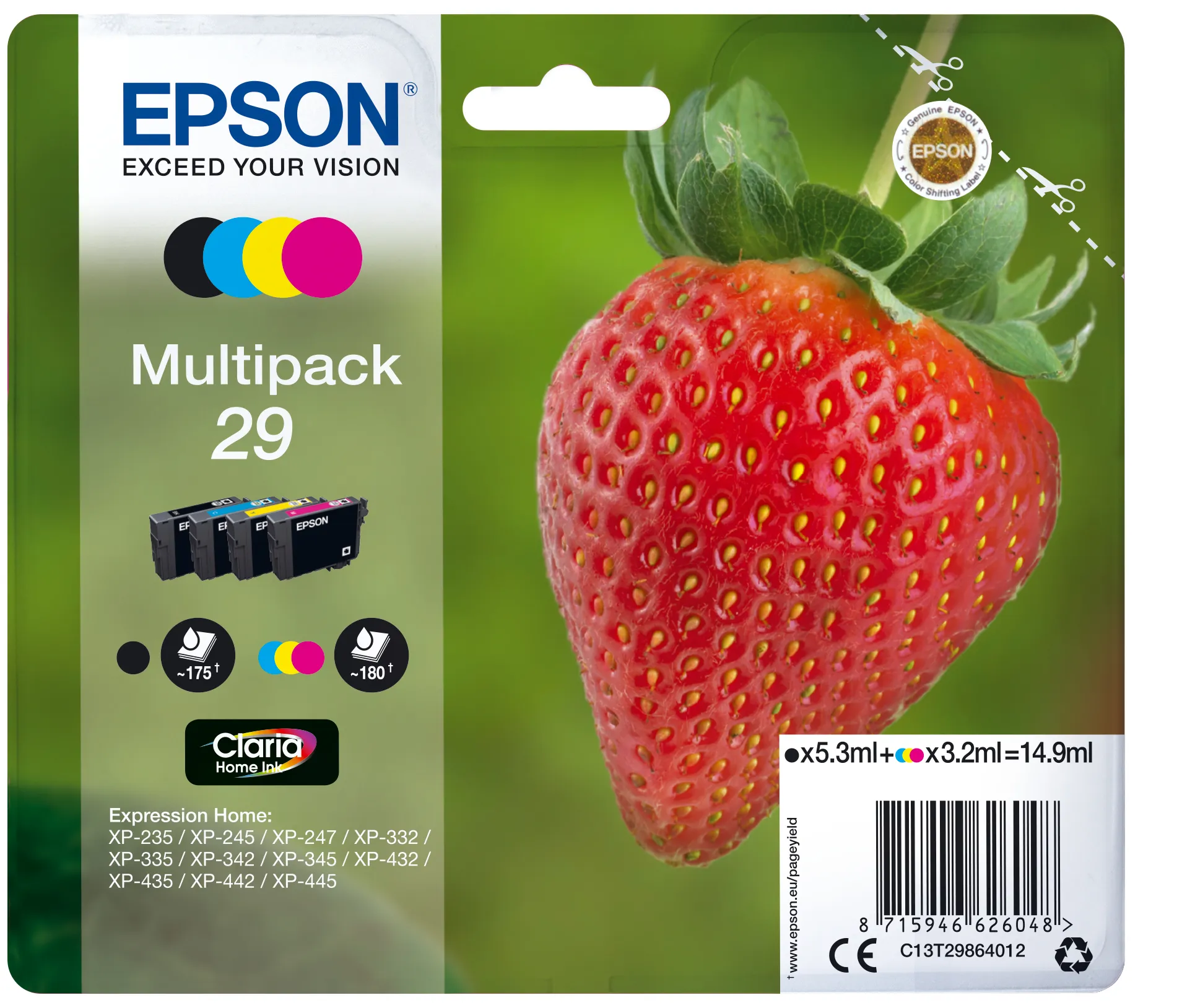 Epson C13T29864012 ink cartridge kit, Black, Cyan, Magenta, Yellow, 4 pcs