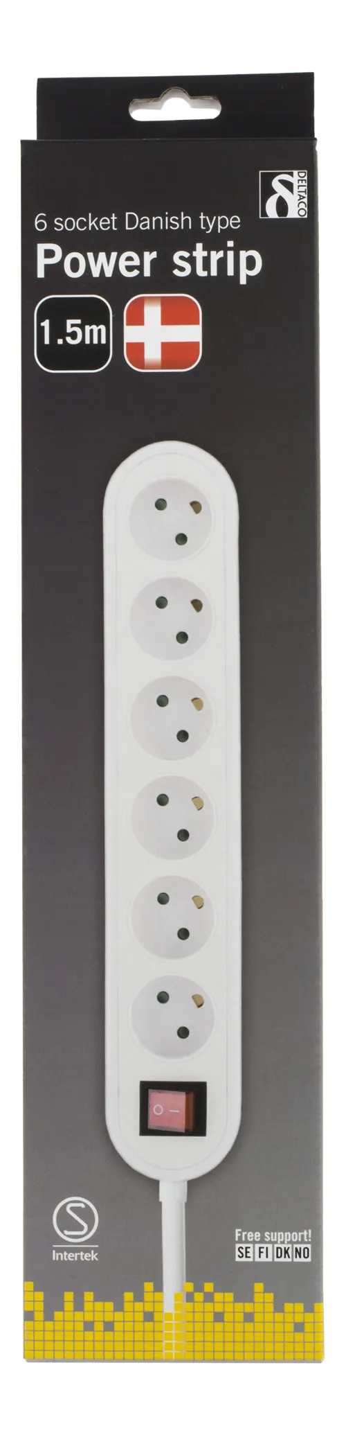 DELTACO Danish extension cord with 6 grounded outlets, power switch, 1,5m, white