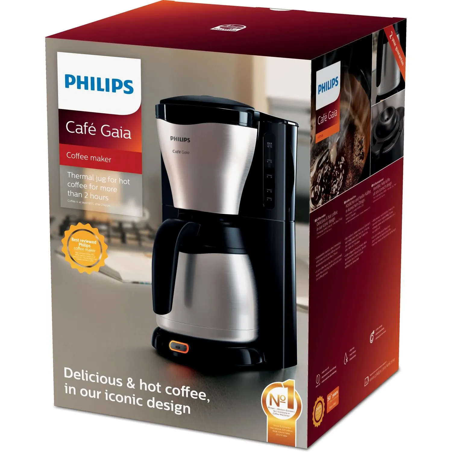 Philips Caf&eacute; Gaia HD7548/20 15 kupin -kahvinkeitin termoskannulla, musta, metalli