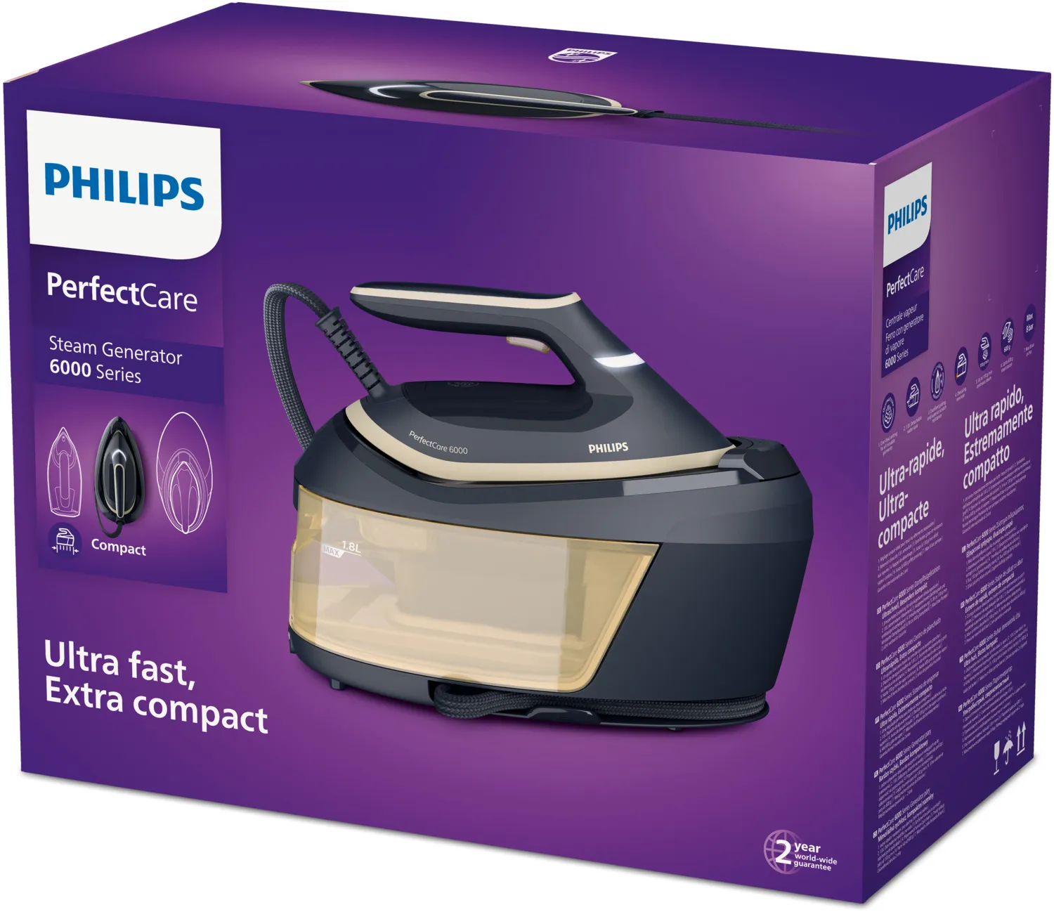 Philips PerfectCare 6000 Series PSG6066/20 Steam Generator Iron, 2400W, 8 bar, 1.8L, Black Brown