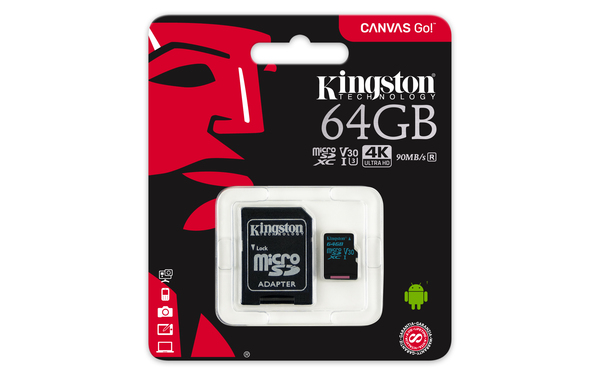 Kingston 64 GB Canvas Go, UHS-I Class 10 MicroSDXC-kort + SD adapter