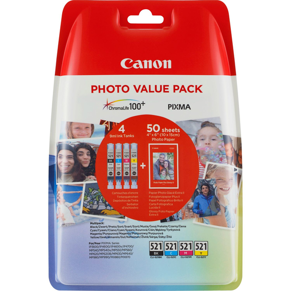 Canon CLI-521 C/M/Y/BK Photo Value Pack - 4 pakettia - 9 ml - musta, keltainen, sinivihre&auml;, magenta - 100 x 150 mm 50 arkki (arkit) kuplapakkaus - mustes&auml;ili&ouml; /