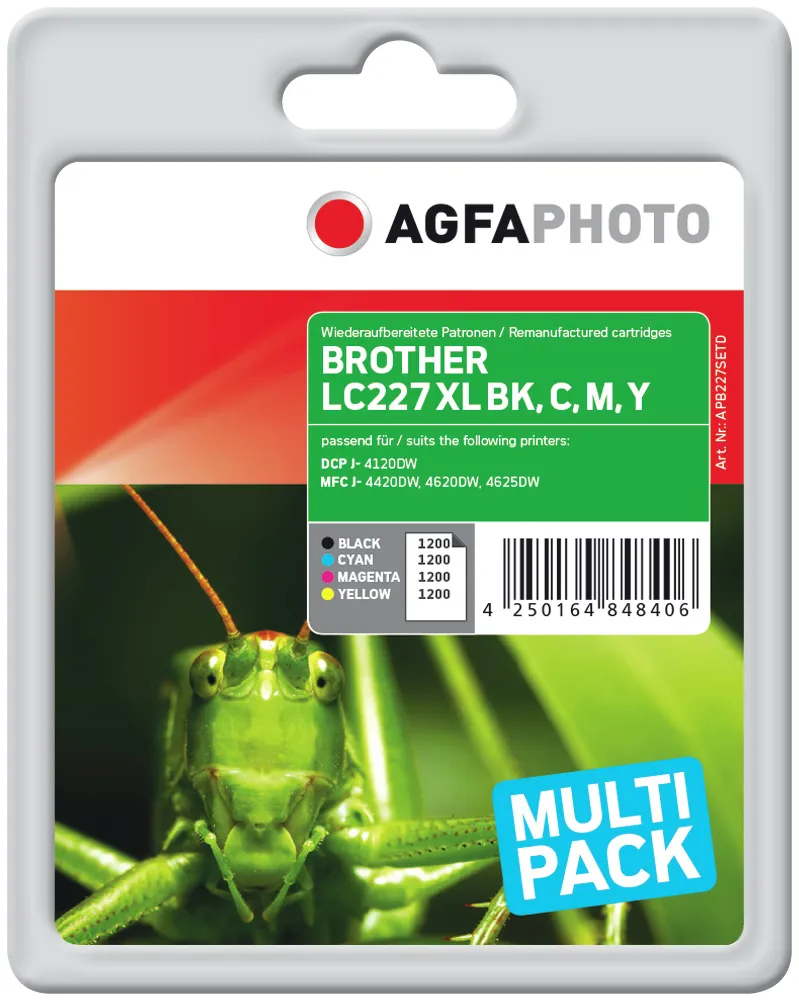 AgfaPhoto APB227SETD XL ink cartridge kit, Black/Cyan/Magenta/Yellow, 4 pcs