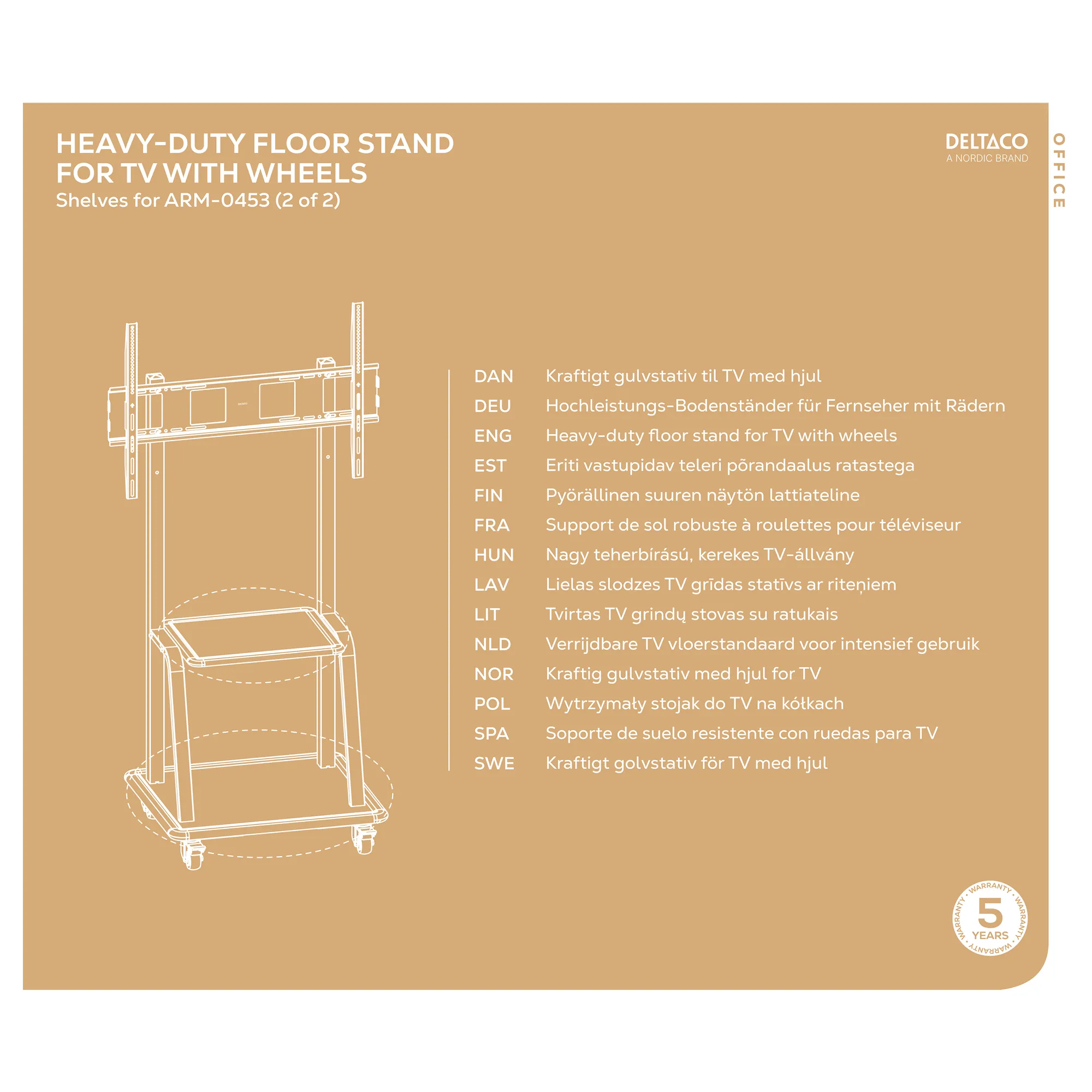 DELTACO Office, Heavy-duty mobile monitor cart, 37"-100",150kg,200x200
