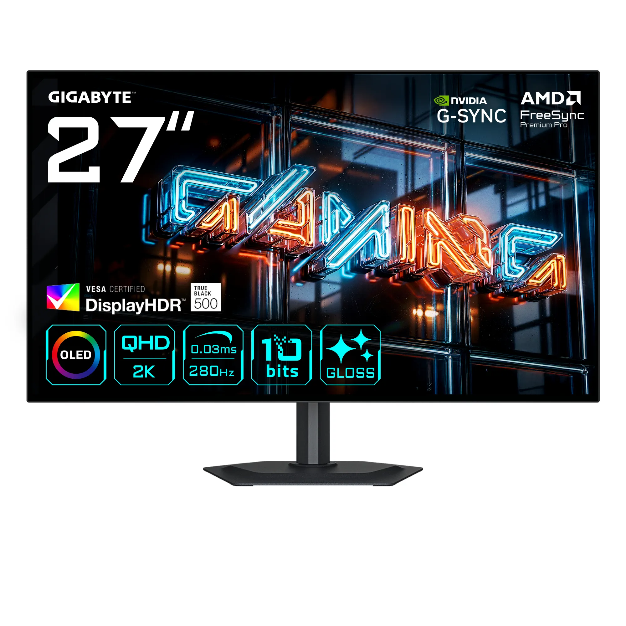 Gigabyte MO27Q28GR 27" QHD, WOLED, 280Hz, USB-C hub -pelin&auml;ytt&ouml;