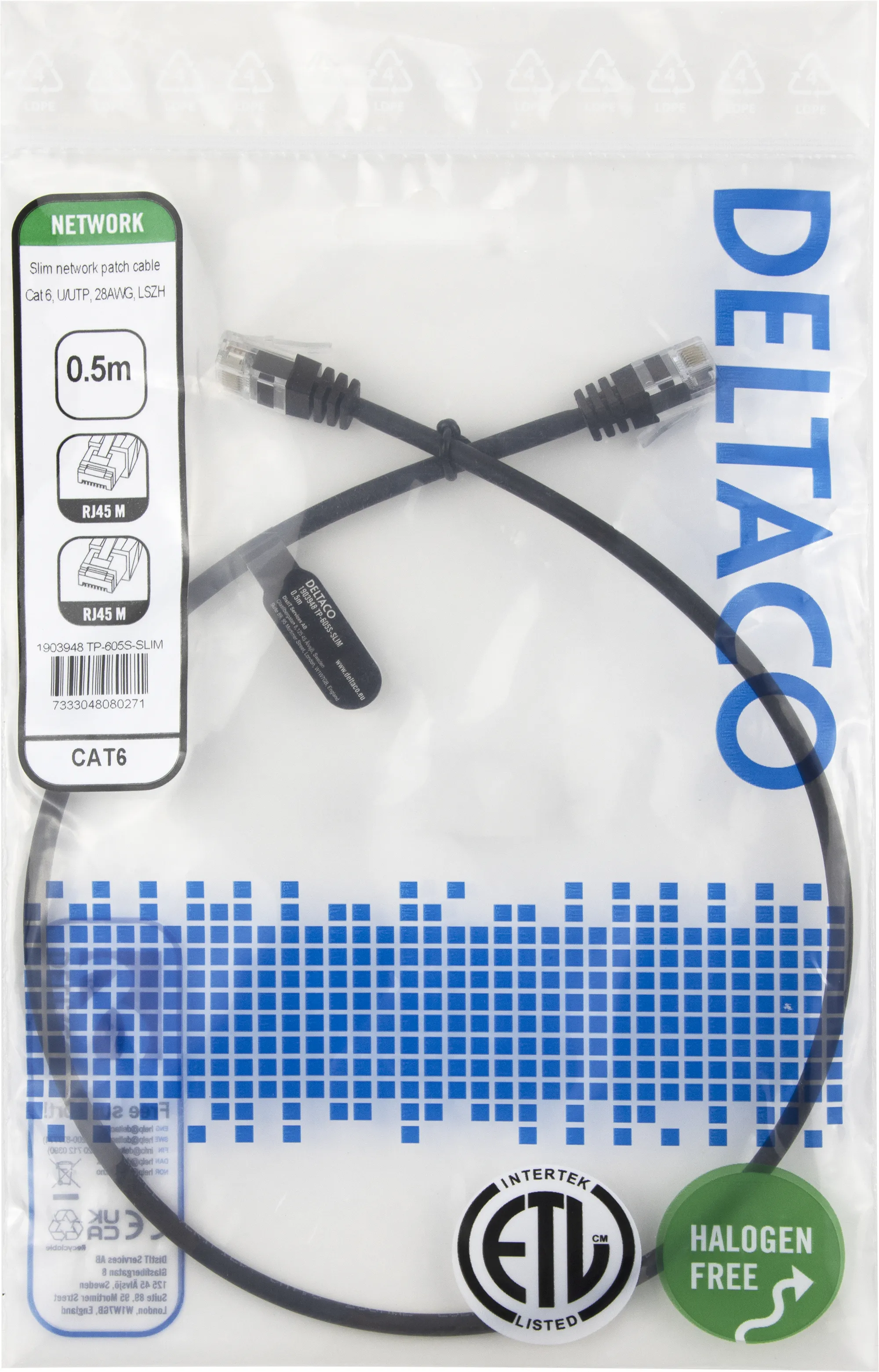 Deltaco Cat6 UTP RJ45 0.5m -verkkokaapeli, musta