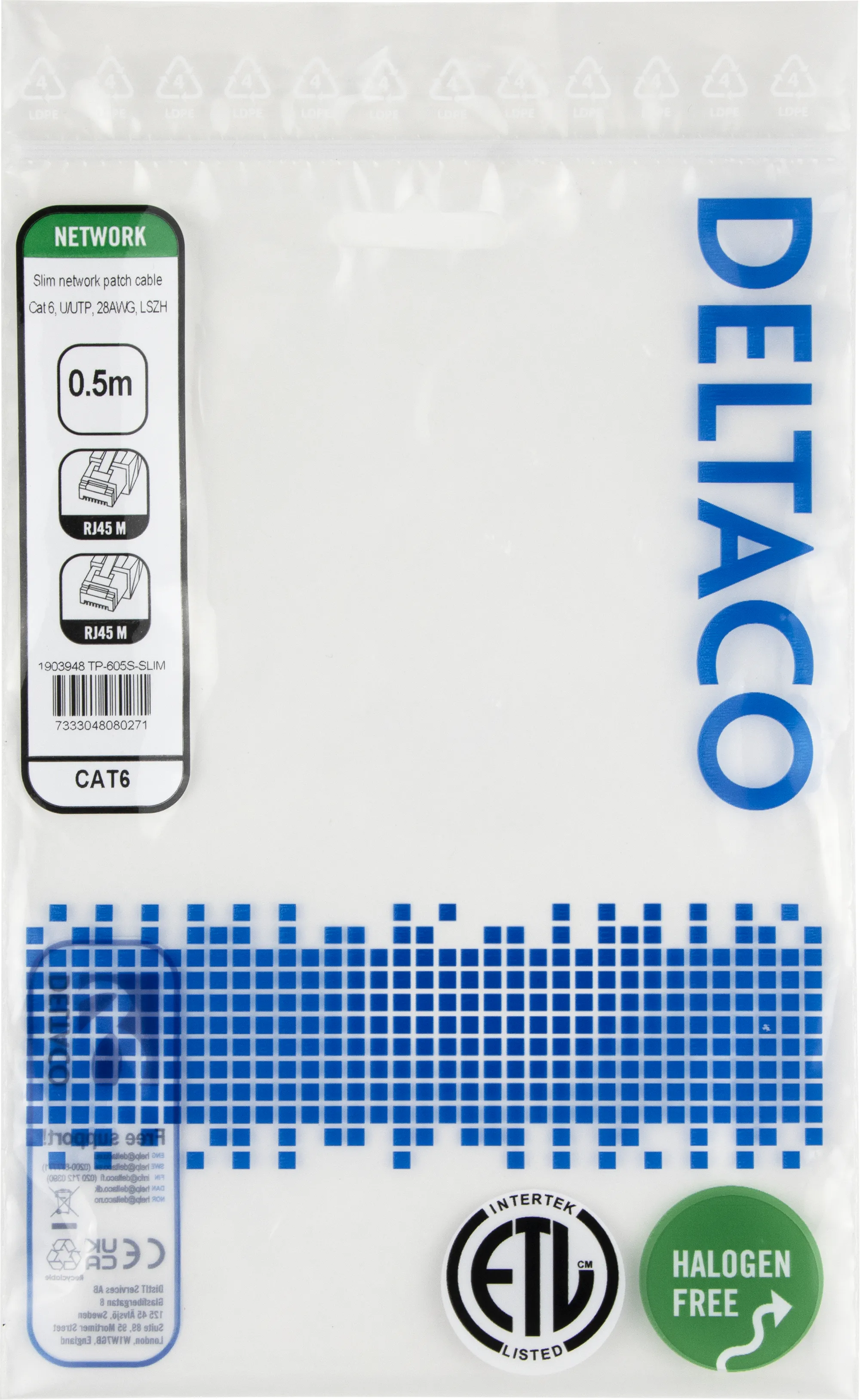 Deltaco Cat6 UTP RJ45 0.5m -verkkokaapeli, musta