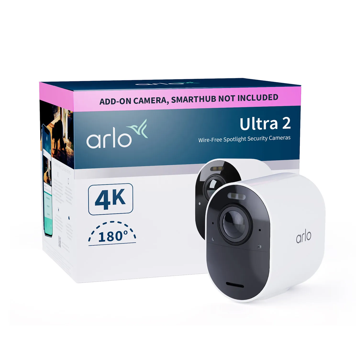 Arlo Ultra 2 Spotlight Camera - Add-on - verkkovalvontakamera - ulkok&auml;ytt&ouml;, sis&auml;tilat - s&auml;&auml;nkest&auml;v&auml; - v&auml;ri (P&auml;iv&auml;&amp;Y&ouml;) - 8 MP - audio - langaton - Wi-Fi - Blueto