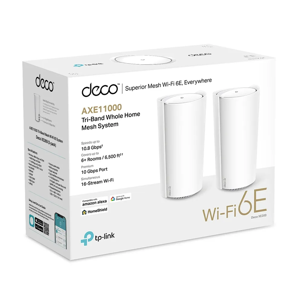 TP-Link Deco XE200 -mesh WiFi -j&auml;rjestelm&auml;, Wi-Fi 6E, AXE11000, Tri-band, 2 kpl, valkoinen