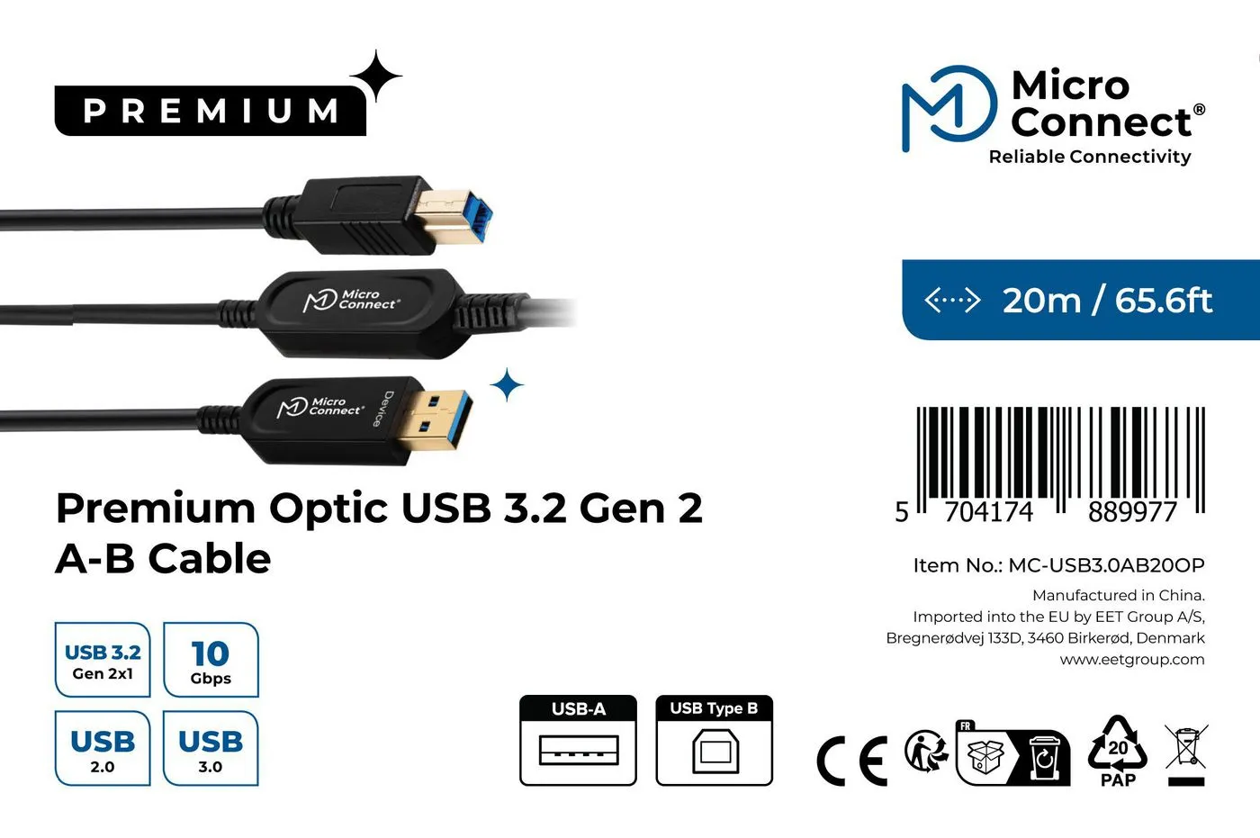 MicroConnect MC-USB3.0AB20OP Active Optical USB 3.2 Gen 2 USB-A to USB-B cable, 20 m, Black