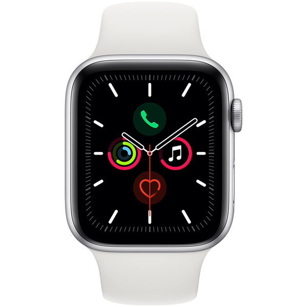 Apple Watch Series 5 GPS + Cellular, 44 mm hopeanv&auml;rinen alumiinikuori ja valkoinen urheiluranneke