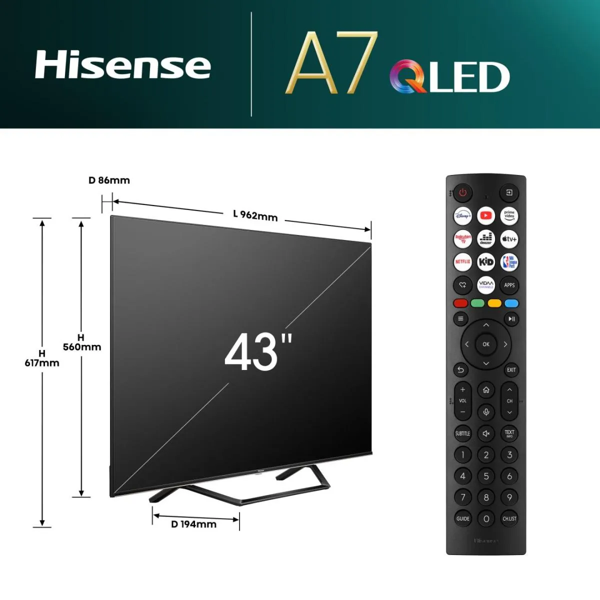 Hisense A7NQ 43" 4K QLED VIDAA TV, 60 Hz, HDR10+, harmaa