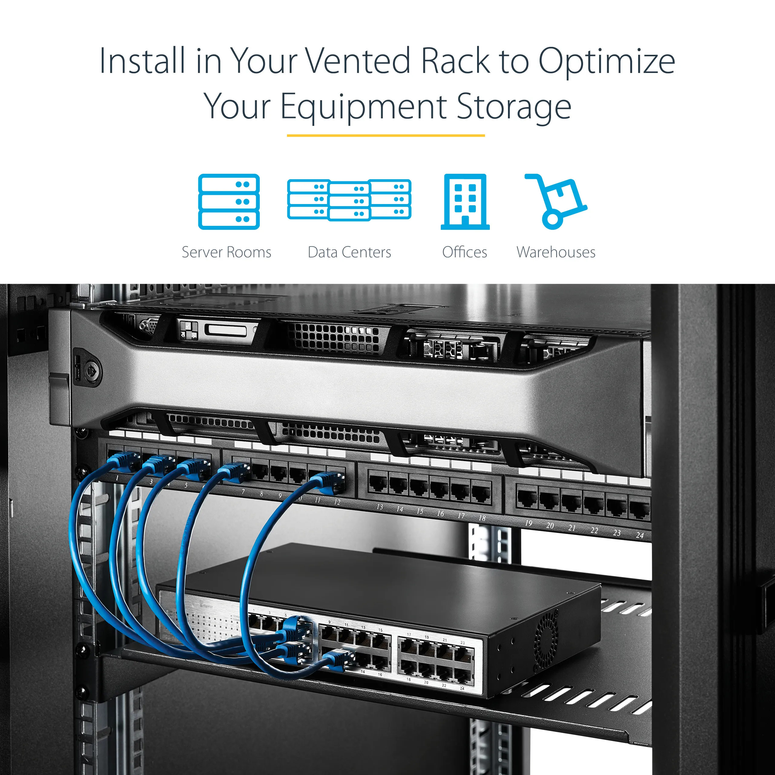 STARTECH.COM 2U 16in Universal Vented Rack Mount Cantilever Shelf - Fixed Server Rack Cabinet Shelf - 50lbs / 22kg