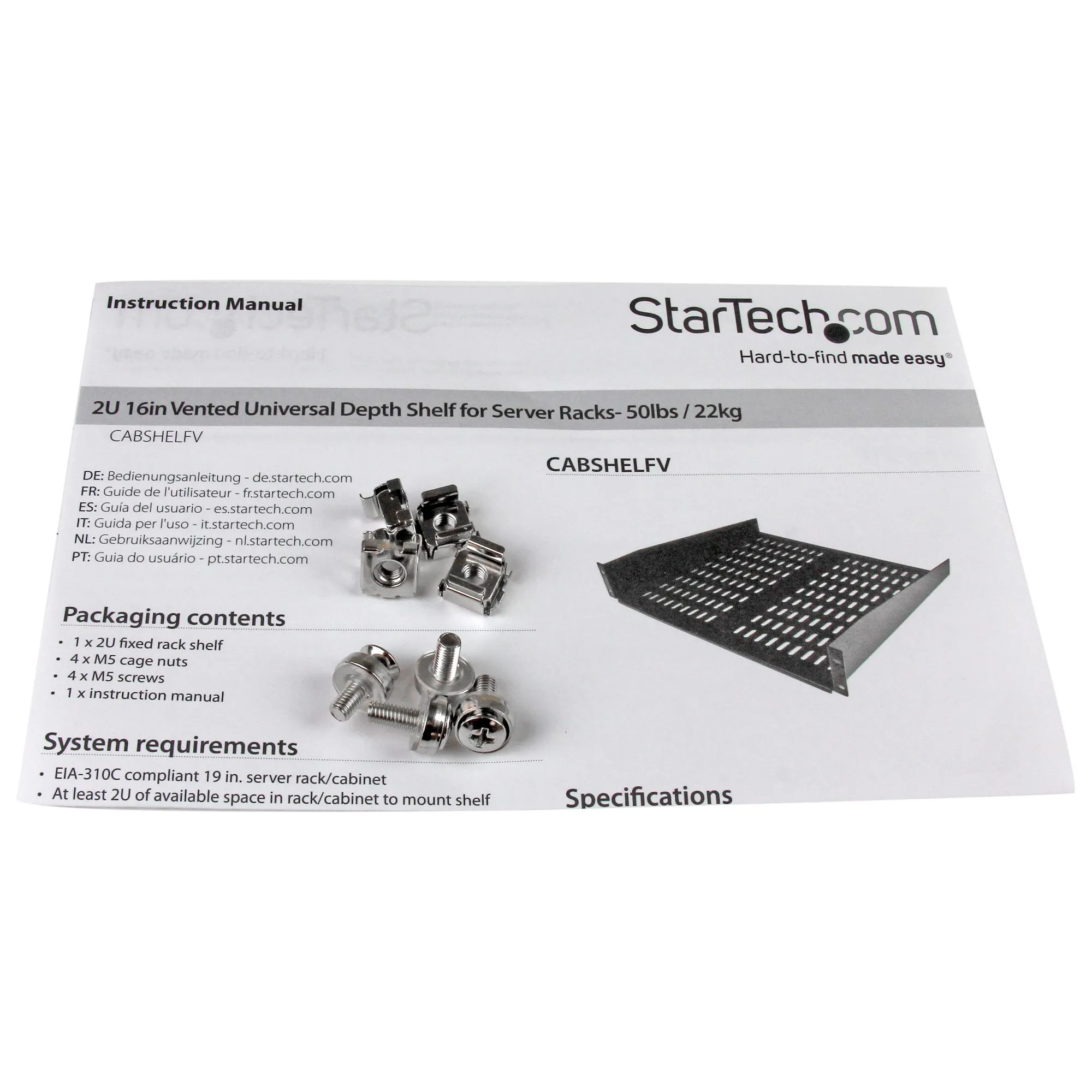 STARTECH.COM 2U 16in Universal Vented Rack Mount Cantilever Shelf - Fixed Server Rack Cabinet Shelf - 50lbs / 22kg