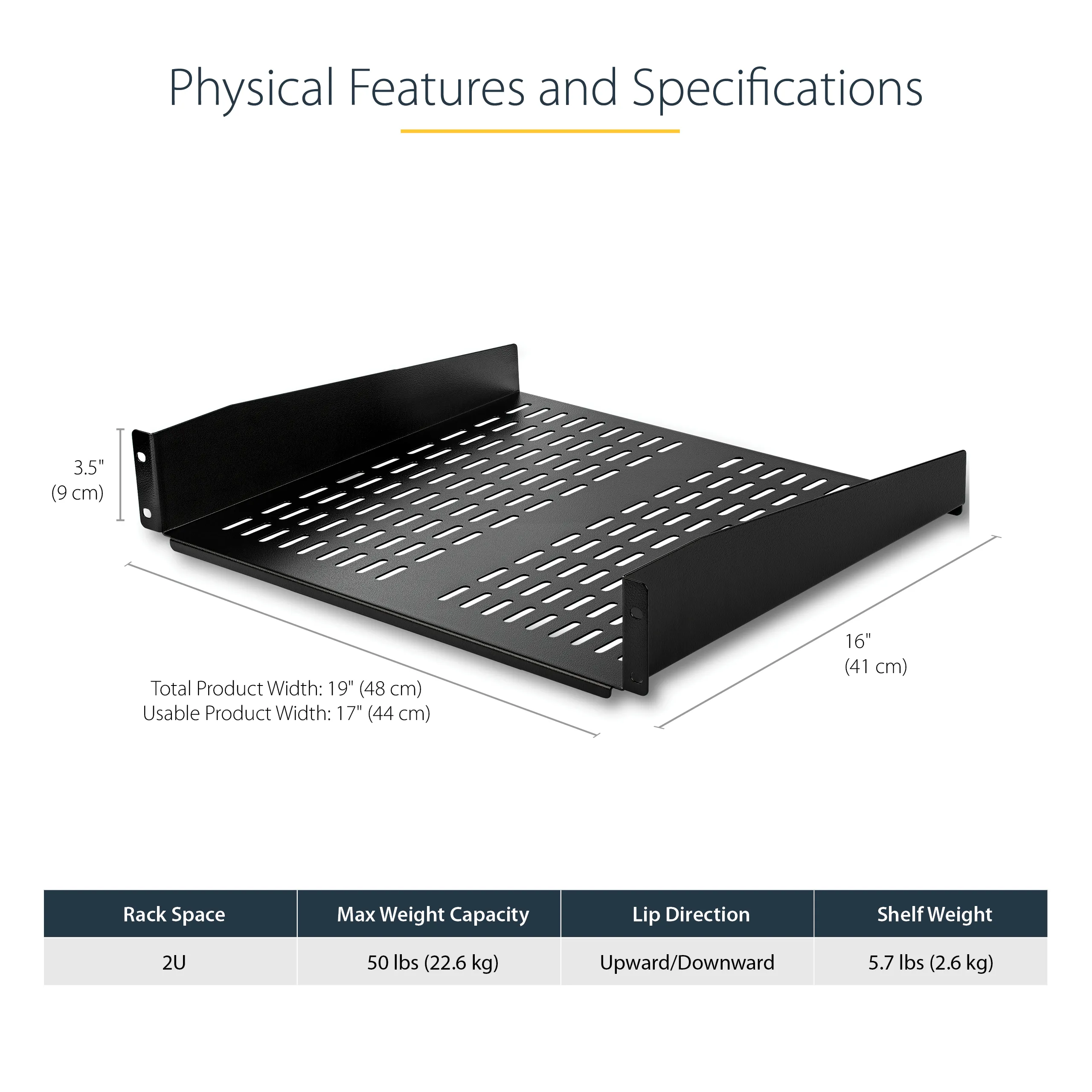 STARTECH.COM 2U 16in Universal Vented Rack Mount Cantilever Shelf - Fixed Server Rack Cabinet Shelf - 50lbs / 22kg