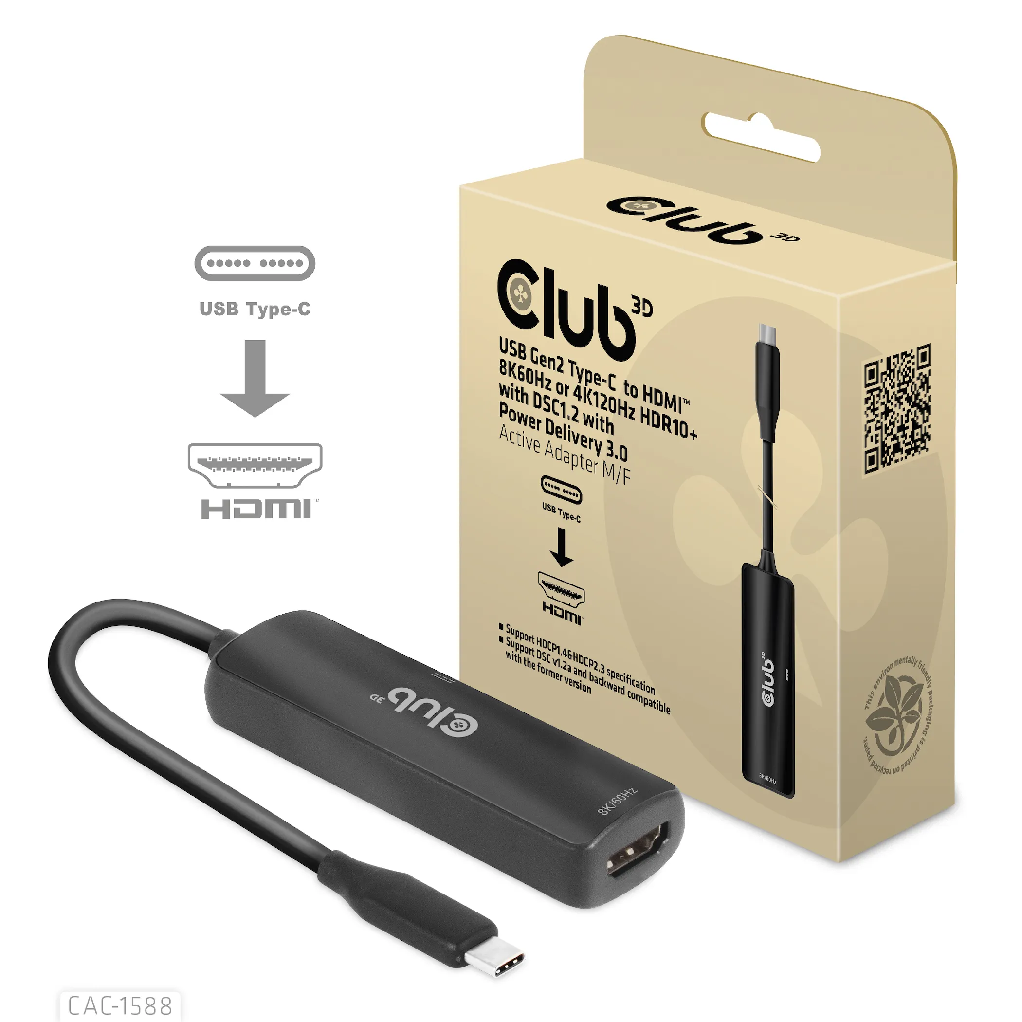 Club 3D 3.2 Gen2 USB-C - HDMI + USB-C PD 3.0 - adapter, Black Club 3D 3.2 Gen2 USB-C - HDMI + USB-C PD 3.0 - adapter, Black
