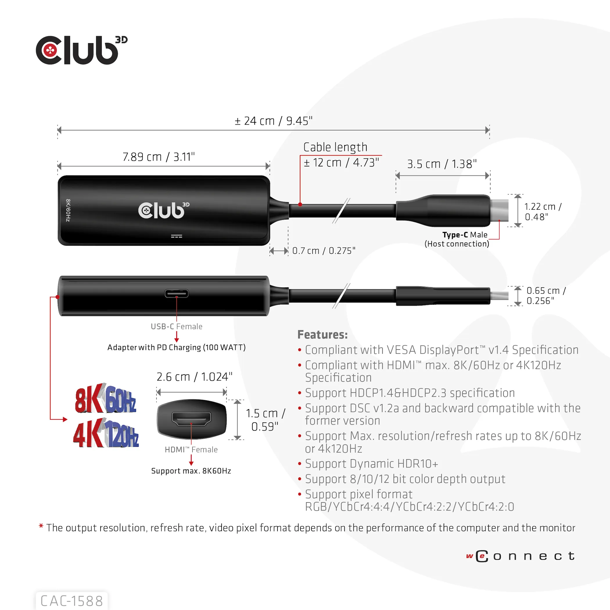 Club 3D 3.2 Gen2 USB-C - HDMI + USB-C PD 3.0 - adapter, Black Club 3D 3.2 Gen2 USB-C - HDMI + USB-C PD 3.0 - adapter, Black