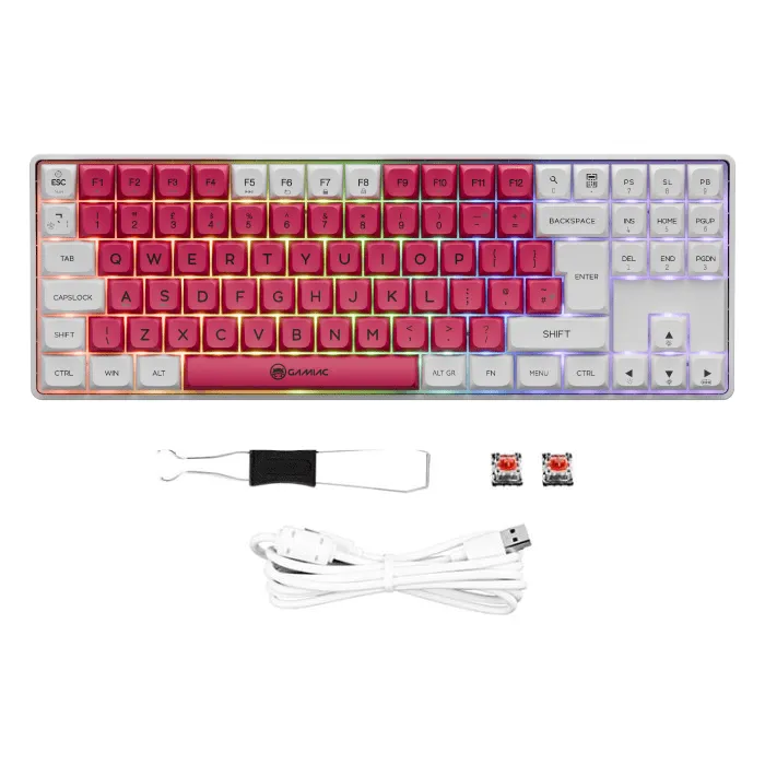 Gamiac TKL90G Kailh Red - speltangentbord, Vit/Röd