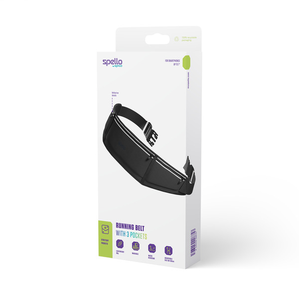Spello Running Belt | 3 Stretchy Pockets | Black | Water-resistant | Anti-slip Design
