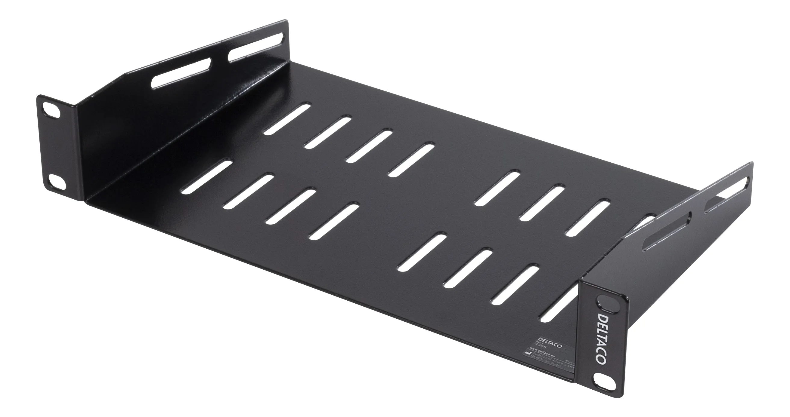 DELTACO, 10" fast hylla, 1U, 136mm djup, svart