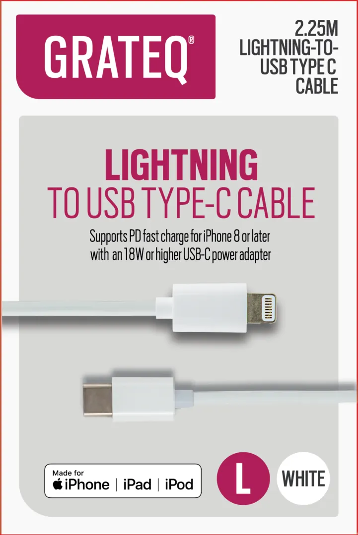 Grateq MFi Lightning - USB-C PD - cable, 2,25m, White