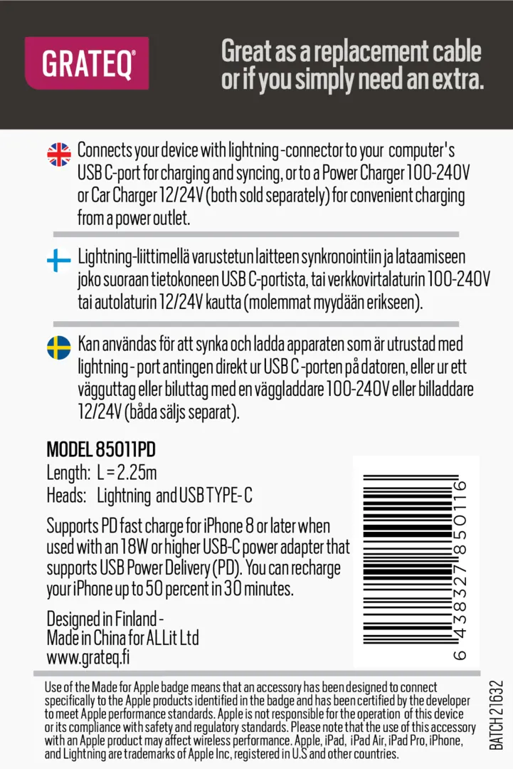 Grateq MFi Lightning - USB-C PD - cable, 2,25m, White