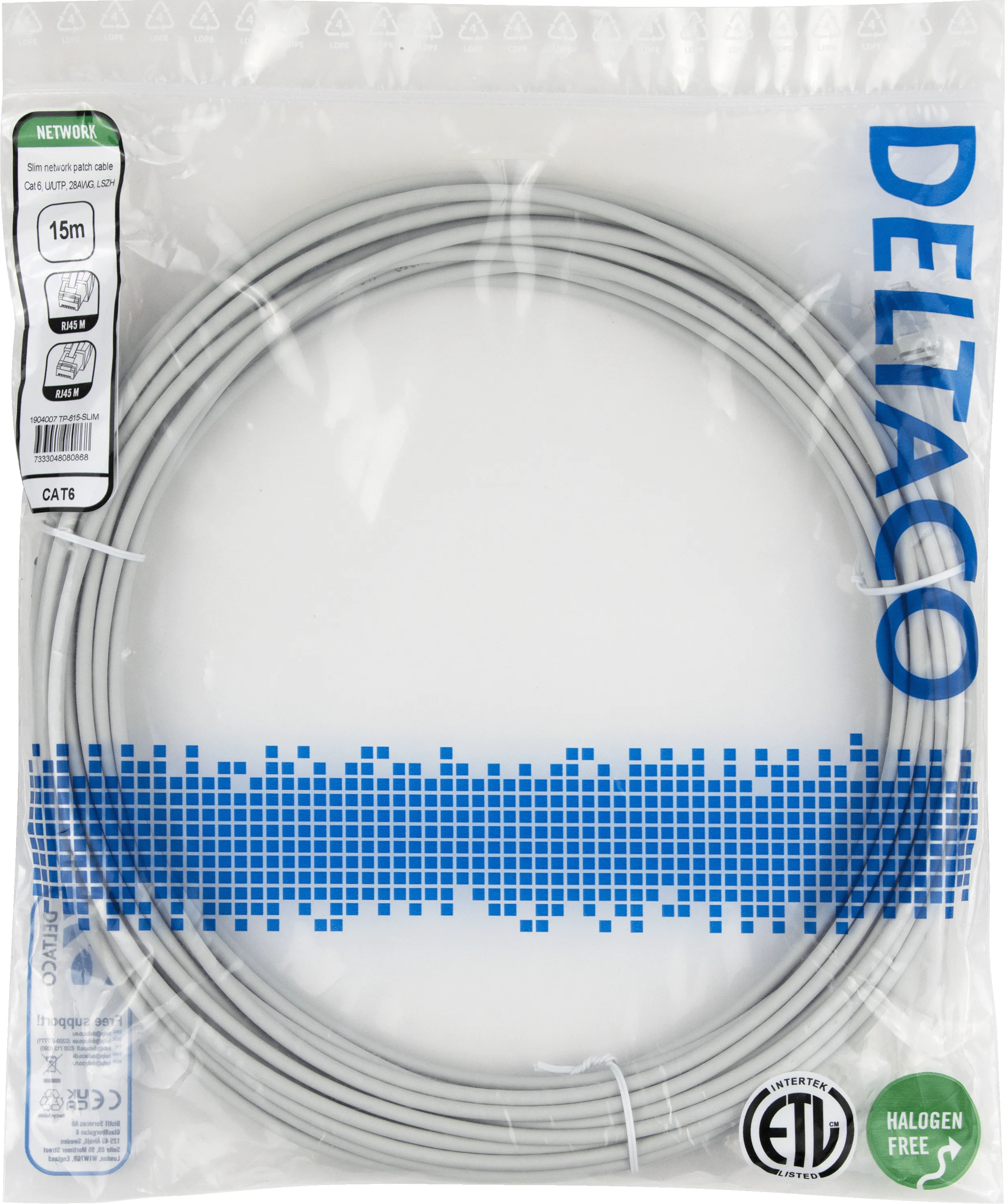Deltaco Cat6 UTP LSZH RJ45 15m -verkkokaapeli, harmaa
