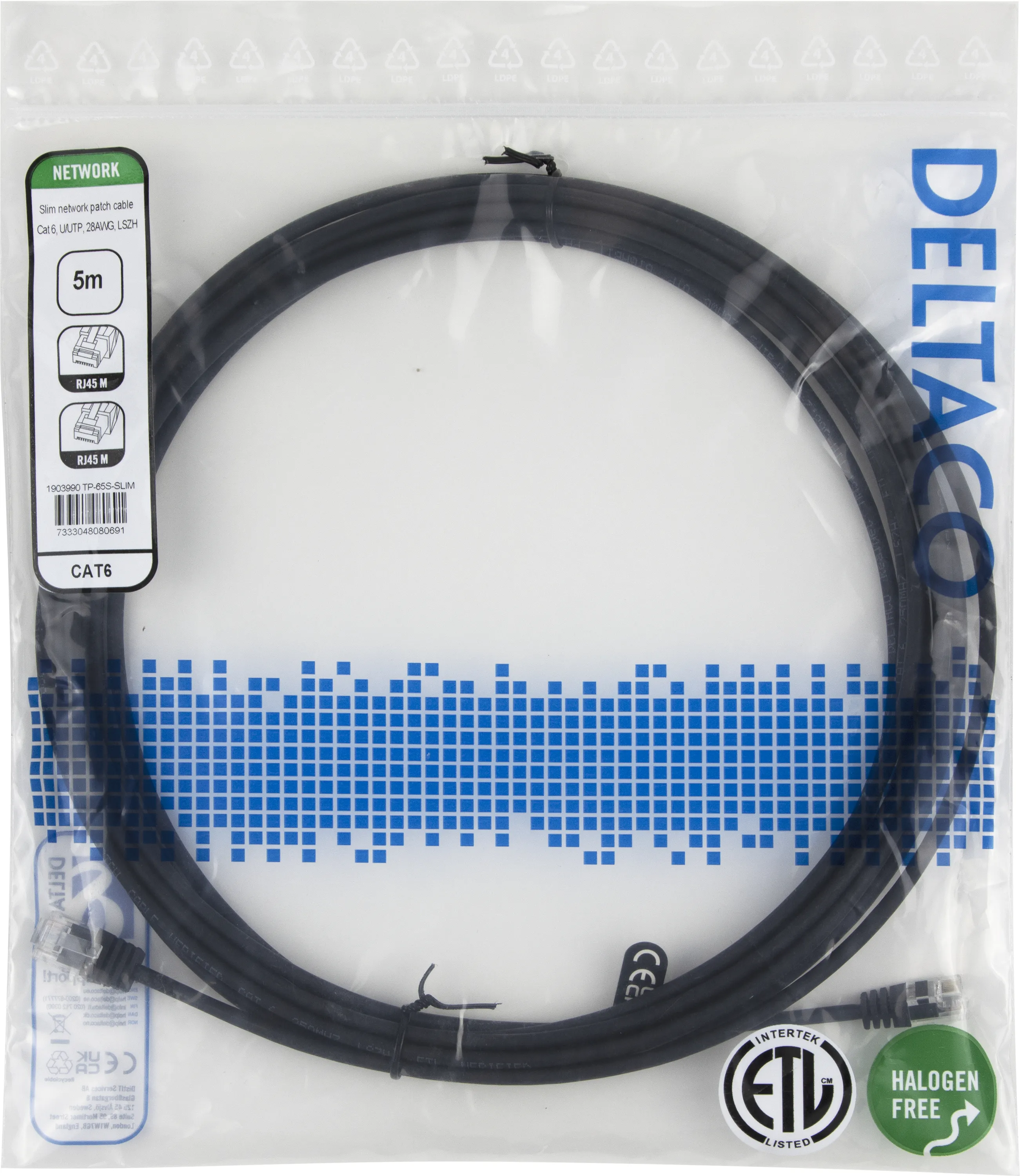 Deltaco Cat6 UTP RJ45 5m -verkkokaapeli, musta