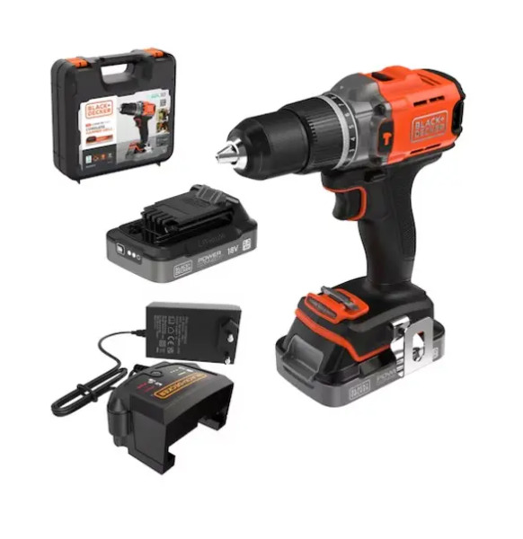 BLACK+DECKER BCD383D2TA 18V Cordless Hammer Drill/Driver (2x2.0Ah) with 120 Accessories