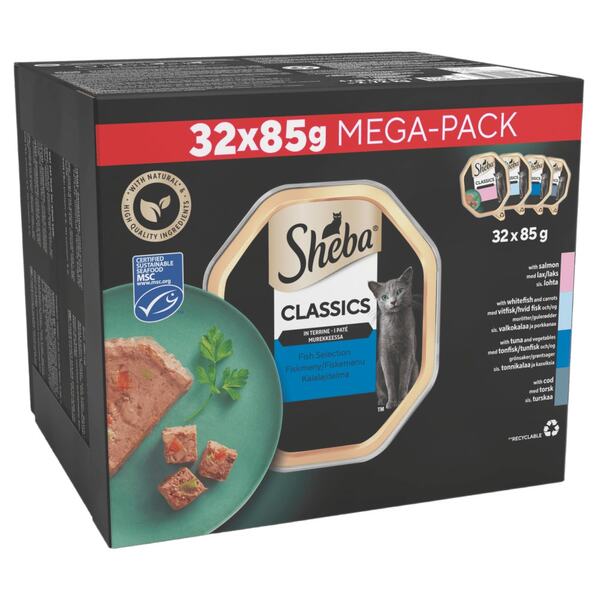 Sheba Classics Ocean Selection, V&aring;tfoder f&ouml;r katt, Adult, 32 x 85 g