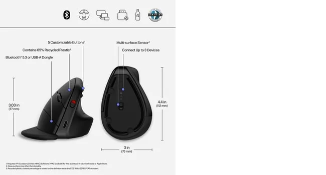 HP 925 Wireless Ergonomic Mouse, Shadow Black