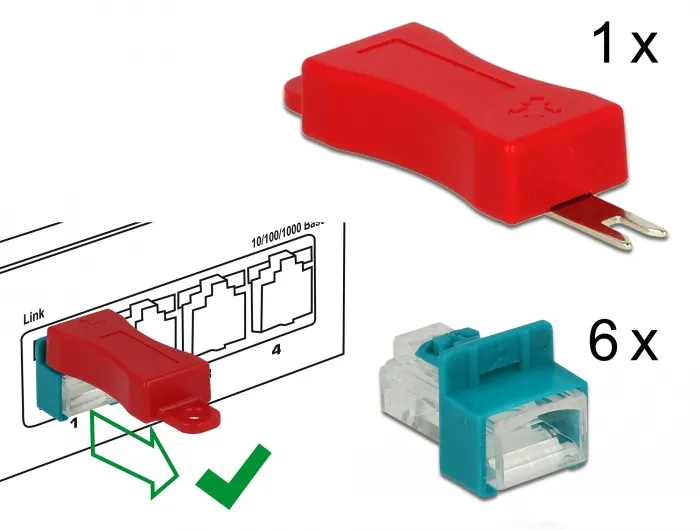Delock RJ45 Secure Clip mit Stecker Set mit 6 St&uuml;ck