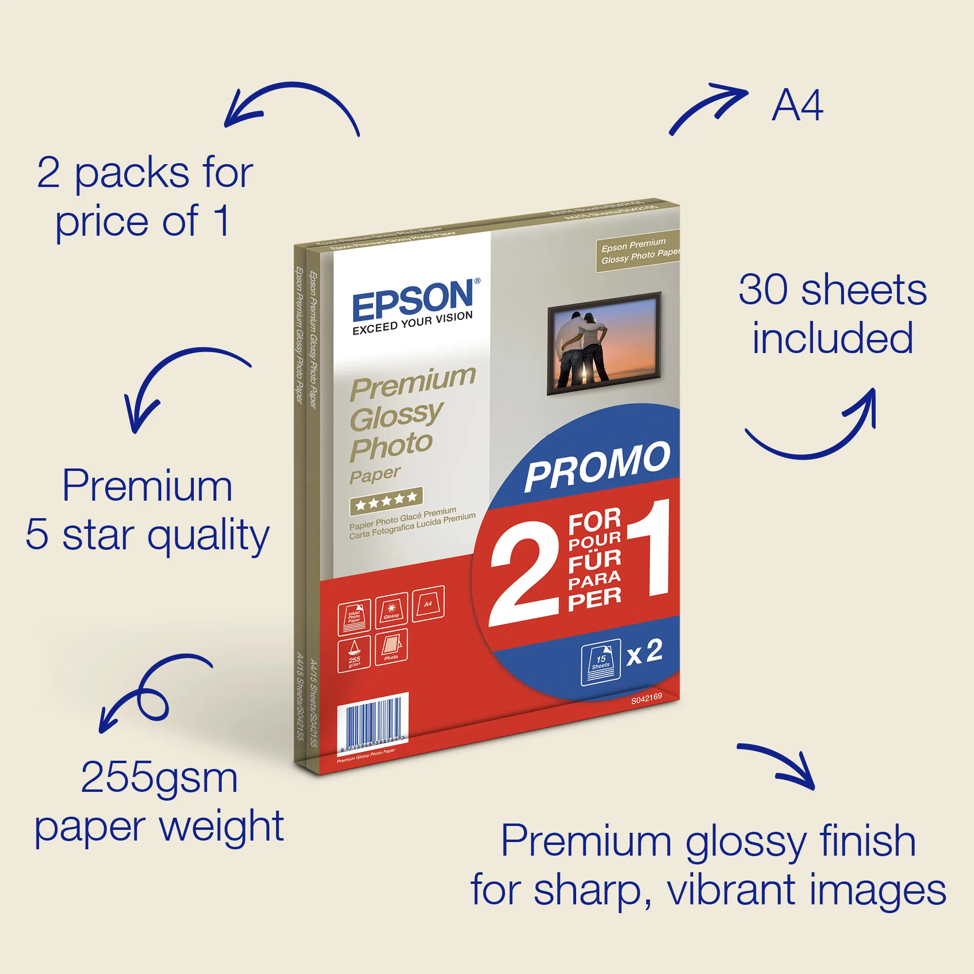 EPSON PREMIUM GLOSSY PHOTO PAPER, A4, 255G, 30