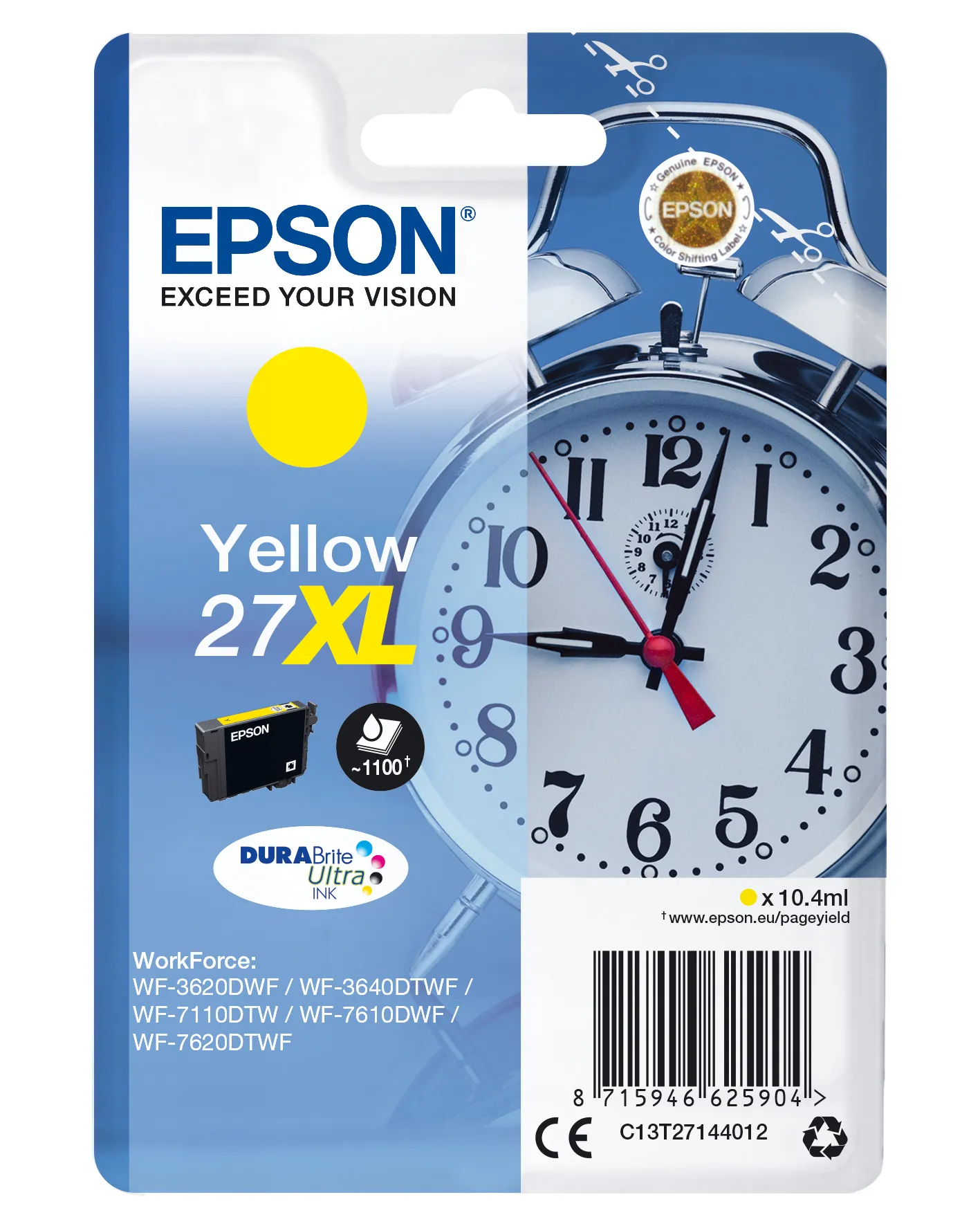 Epson 27XL - 10.4 ml - XL-koko - keltainen - alkuper&auml;inen - mustepatruuna malleihin WorkForce WF-3620DWF, WF-3640DTWF, WF-7110DTW, WF-7610DWF, WF-7620, WF-7620D