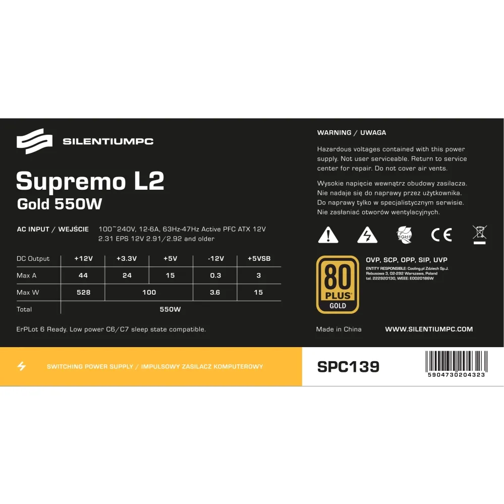 SilentiumPC Supremo L2 550W -virtal&auml;hde, 80 Plus Gold
