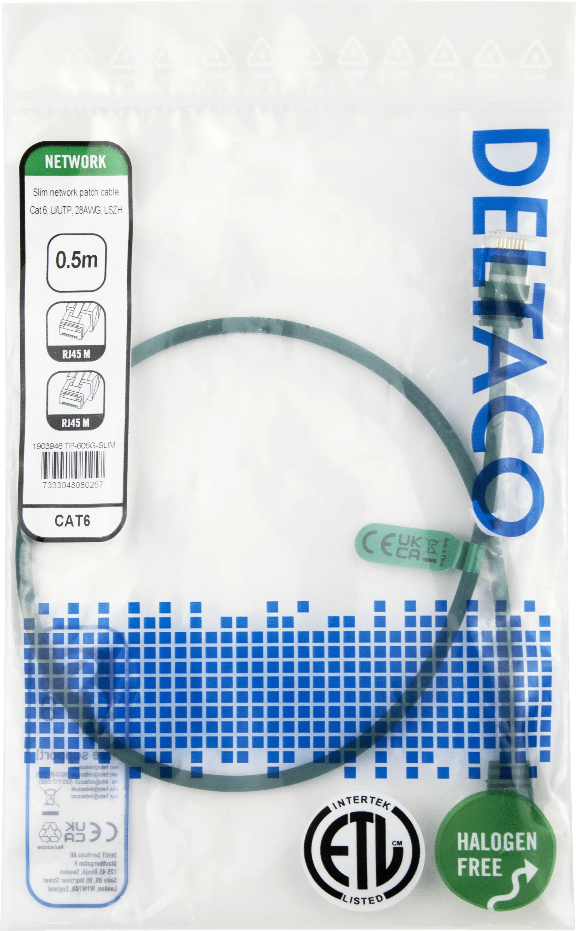 Deltaco Cat6 UTP RJ45 0.5m Network Cable, Green