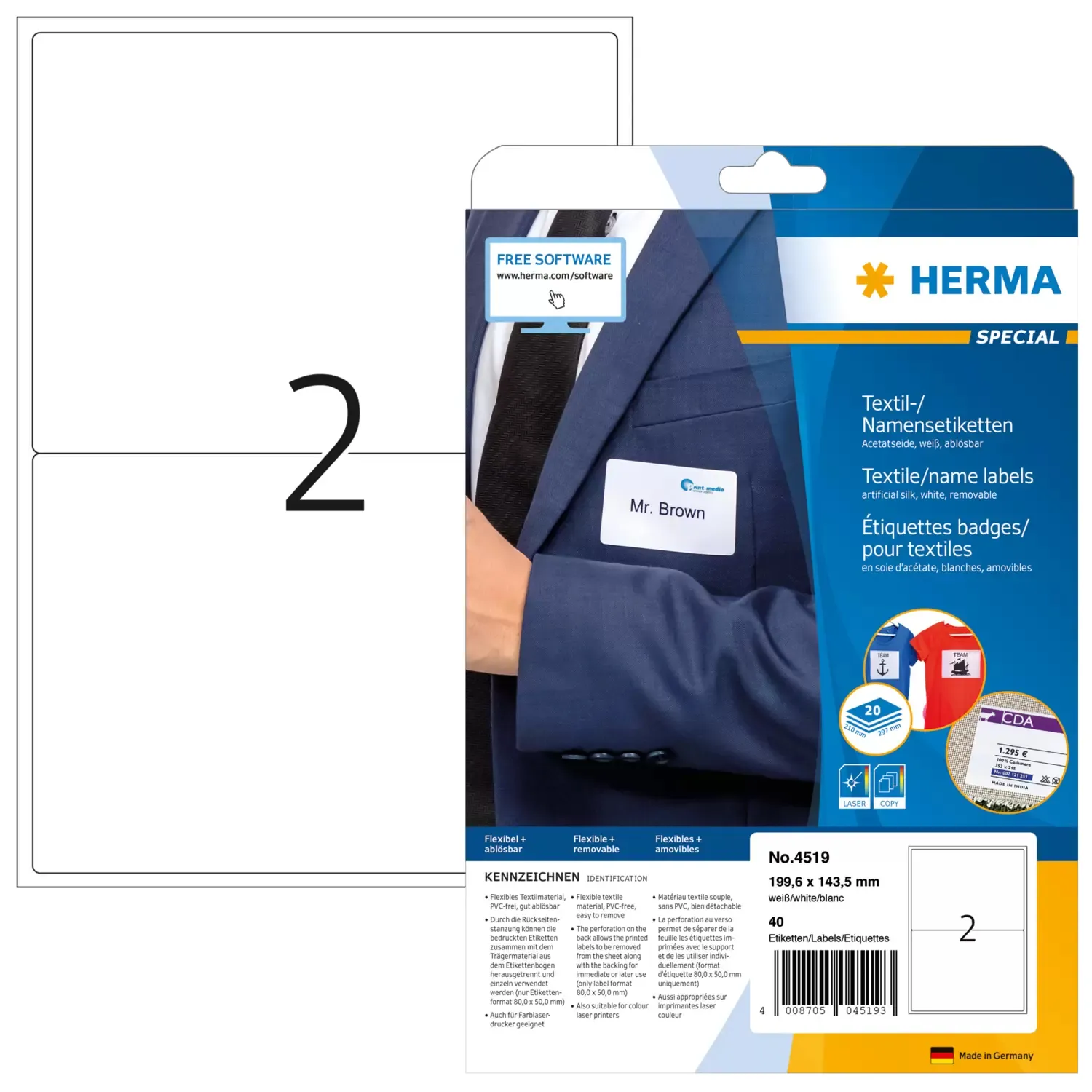 Herma name/textile label removable 199,6x143,5 white (40)
