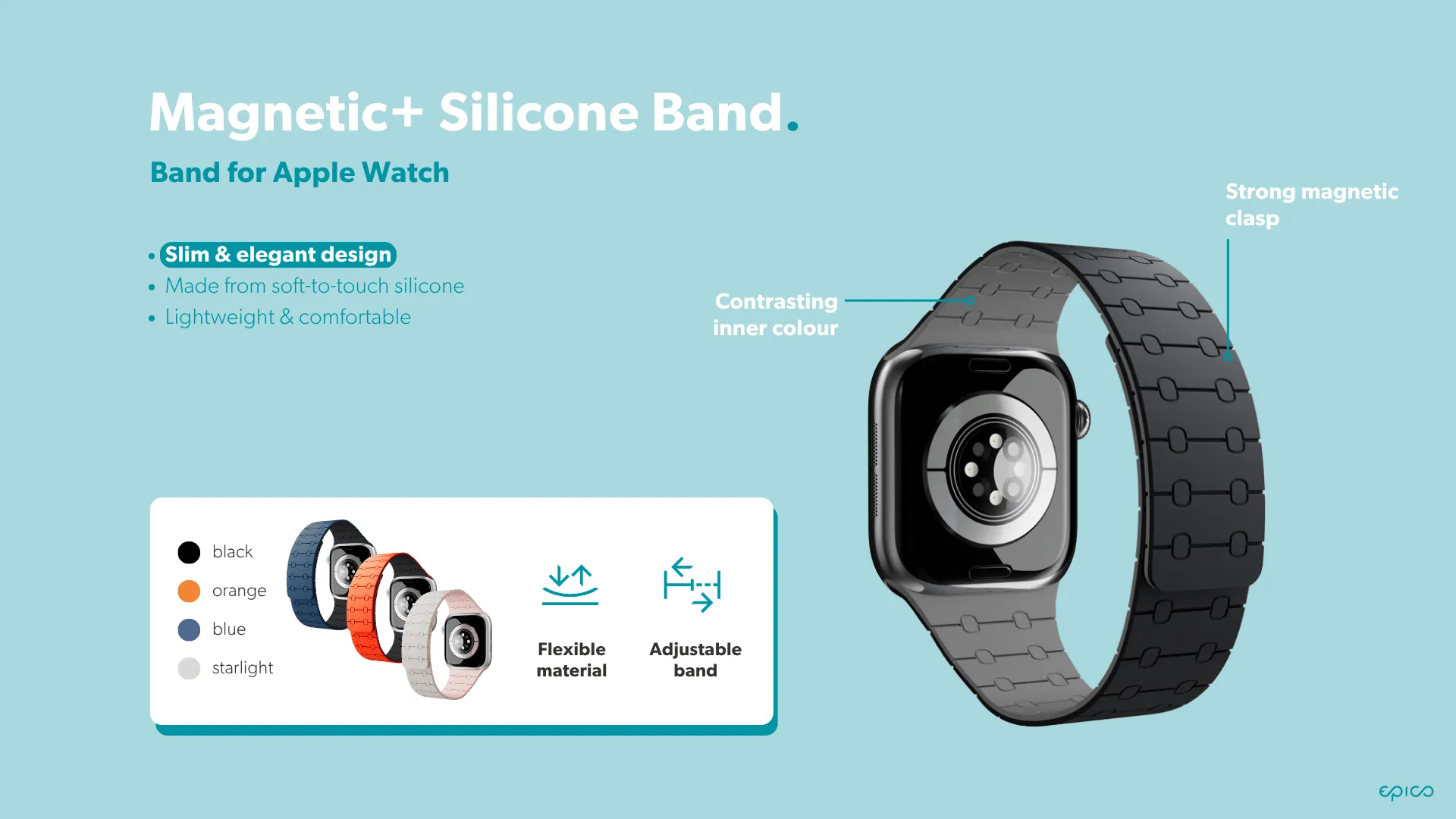 Epico Magnetic+ Silicone Watch Band | Apple Watch SE (40mm)/Series 1-9 (38/40/41mm) 10-11 (42mm) | Black | Thin | Stong Magnetic Clasp