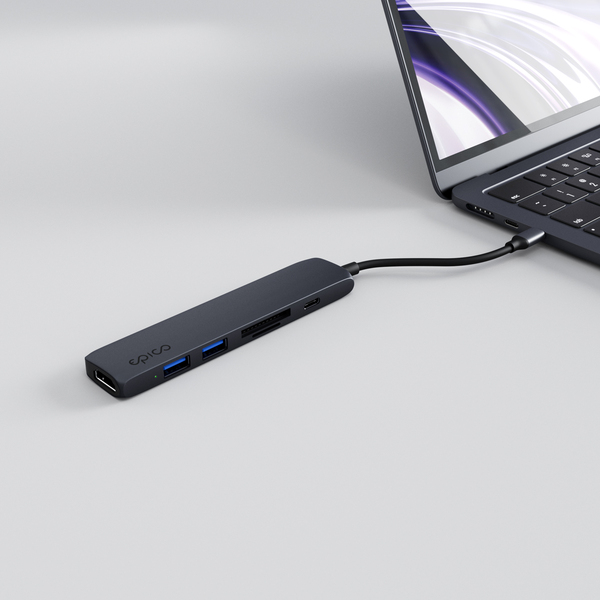 Epico 6in1 Aluminium Hub 100W USB-C PD, 2 × USB-A, HDMI, SD/Micro SD Card Slot 8K with USB-C Connector, Midnight Color