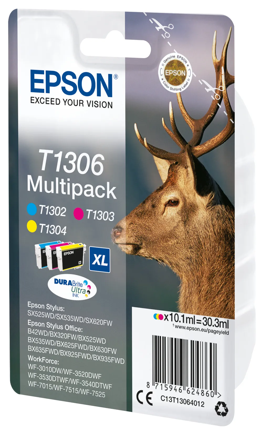 Epson T1306 XL ink cartridge kit, Cyan, Magenta, Yellow, 3 pcs